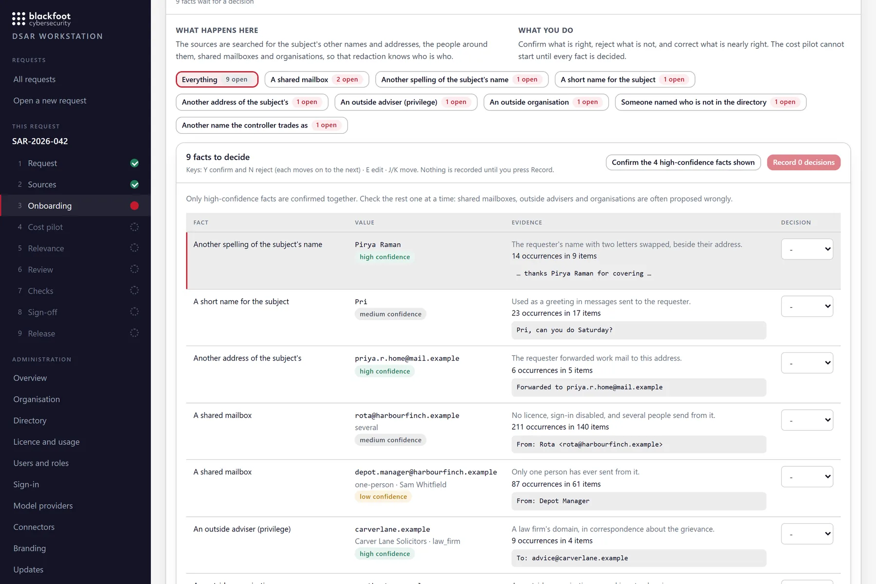 The onboarding screen: facts discovered in the data, such as another spelling of the requester’s name, a personal email address, and shared mailboxes, each with its evidence and confidence, waiting to be confirmed.